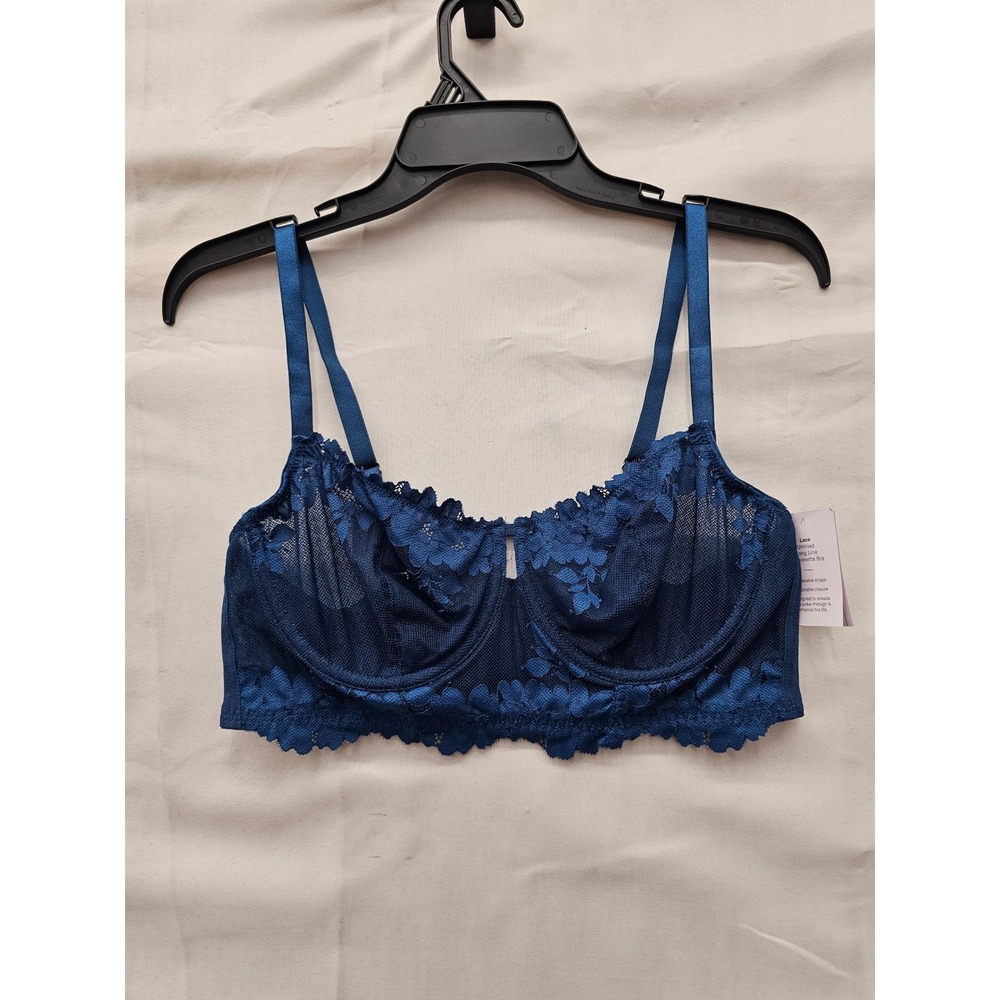 Auden Womens Lace Unlined Longline Balconette Bra Blue Nylon Blend Size 38B